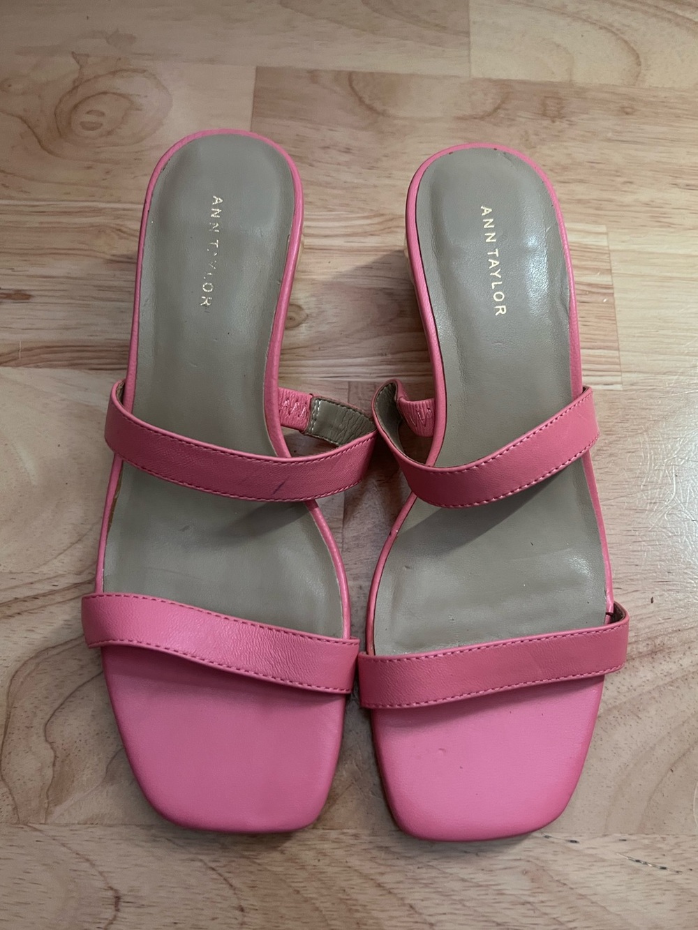 Ann Taylor Pink Double-Strap Slide Mules with gold metal ball heels